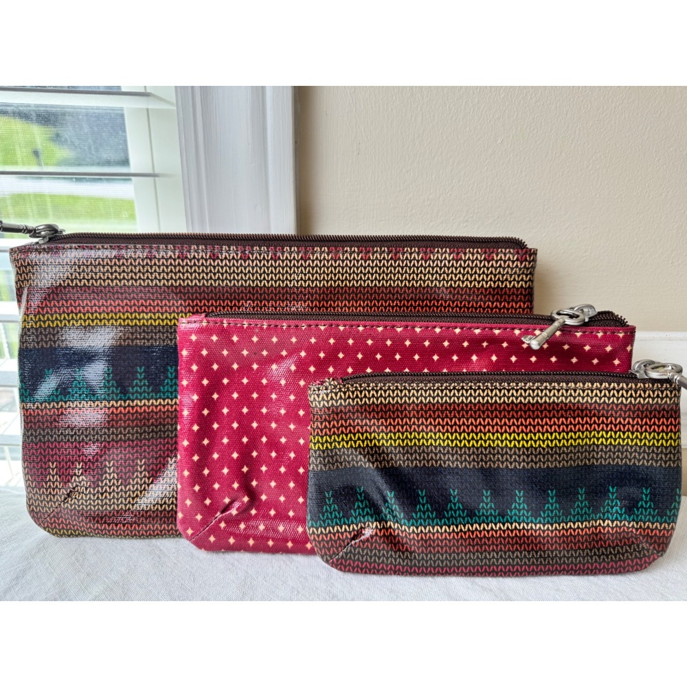 Fossil Key-Per 3 Piece Nested Pouch Set MultiColor Coated Canvas Y2K Boho Makeup
